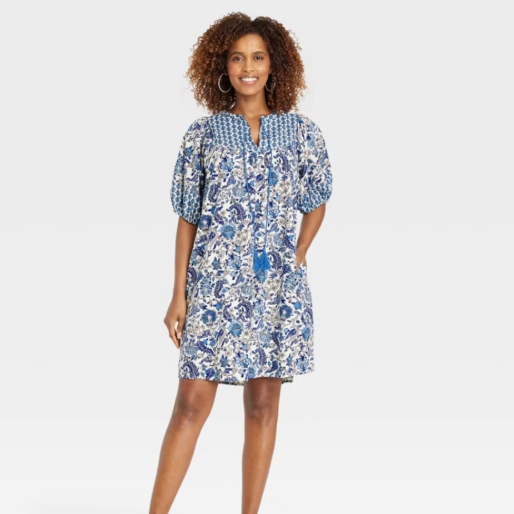 Women’s Short Sleeve A-Line Dress Small Knox Rose Blue Floral Boho